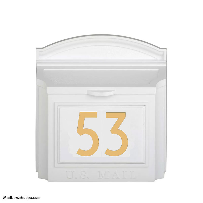 White Whitehall Wall Mailbox with Gold Modern Numbers